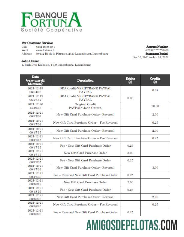 em branco Luxemburgo Fortuna Banque Bank Modelo de comprovante de endereço em formato Word e PDF, formato .doc e .pdf